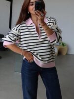 PİNK - PEMBE ÇİZGİLİ POLO YAKA KAZAK