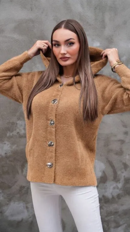 Camel Hooded Shawl Collar Cardigan