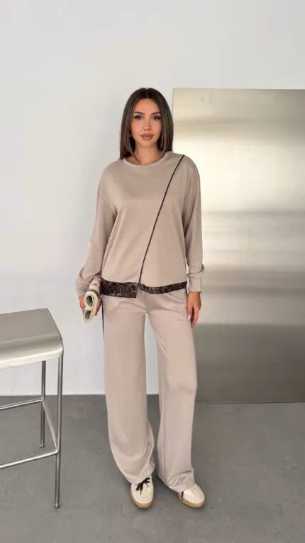 LIGHT BEIGE Snake pattern modal two-piece set