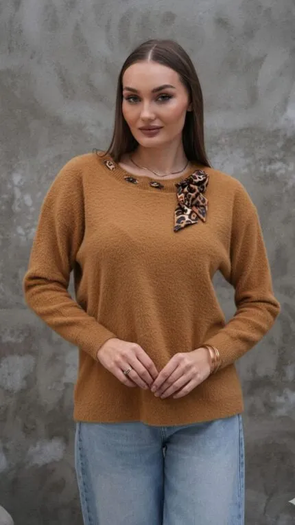 Camel Yaka fularlı sakal kazak