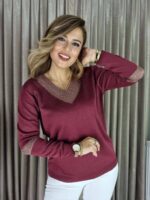 Bordo Gold simli v yaka triko kazak