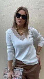 Krem Gold simli v yaka triko kazak