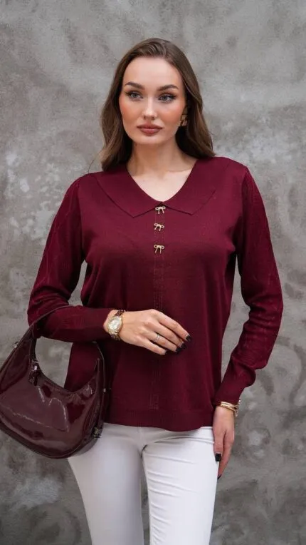 Bordo Bebe yaka ince triko kazak