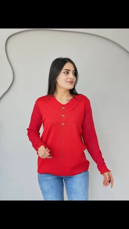 Kırmızı Bebe yaka ince triko kazak