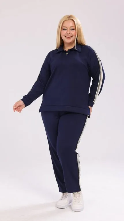 Dark Navy Blue Plus Size Striped Two-Piece Set