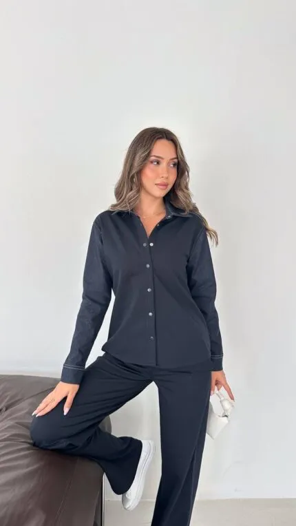 Koyu Lacivert Kot garnili polo yaka takım