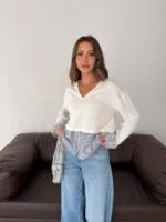 Ekru Poplinli Bluz v yaka