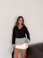 Siyah Poplinli Bluz v yaka