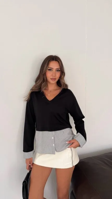 Black Poplin V-Neck Blouse