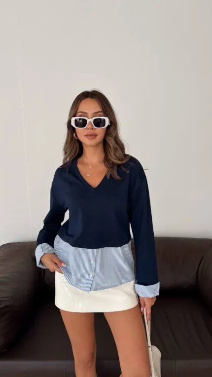 Koyu Lacivert Poplinli Bluz v yaka