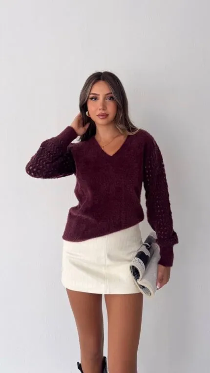 Bordo Kolları ajurlu sakal kazak