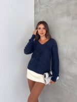 Koyu Lacivert Kolları ajurlu sakal kazak