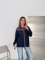 Koyu Lacivert Kot garnili çıtçıtlı ceket