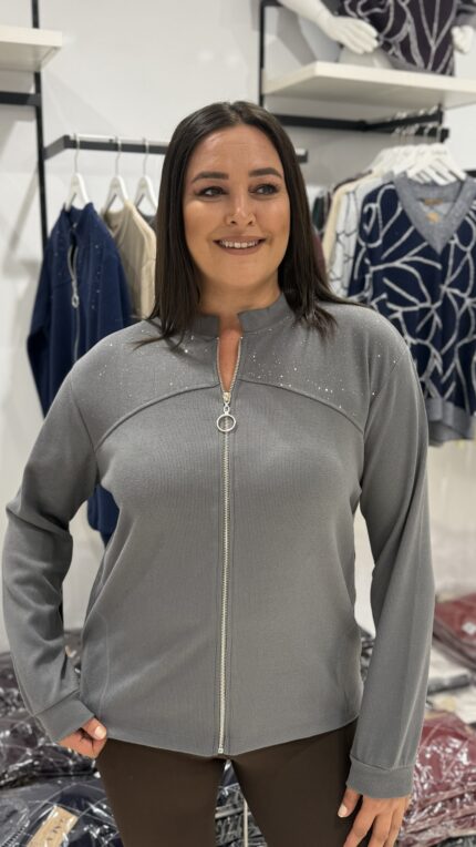 GRAY - GRİ FERMUARLI TAŞLI BLUZ