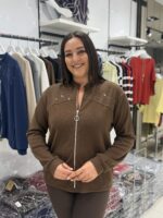 ACI KAHVE FERMUARLI TAŞLI BLUZ