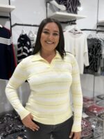 Açık Sarı POLO YAKA ÇİZGİLİ BLUZ