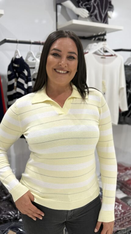 Açık Sarı POLO YAKA ÇİZGİLİ BLUZ