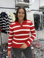 RED - KIRMIZI POLO YAKA ÇİZGİLİ BLUZ