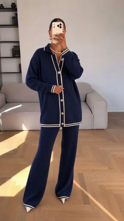 NAVY BLUE – LACİVERT POLO YAKA METAL DÜĞMELİ SAÇ ÖRGÜ DETAY TAKIM