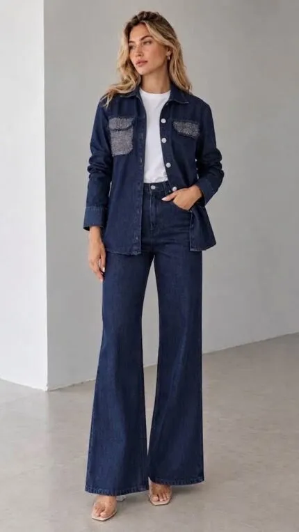BLUE - BLUE STONE DETAIL DENIM SET