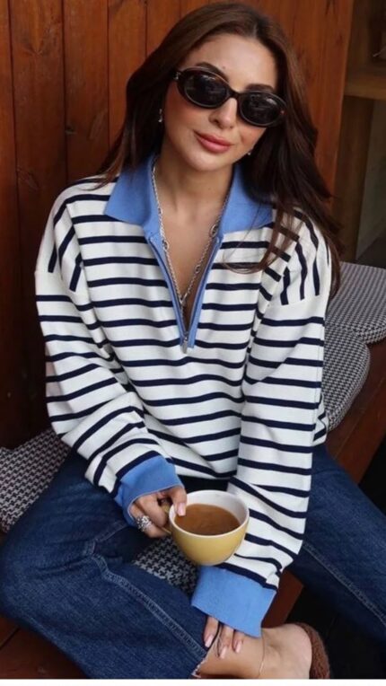 LIGHT BLUE STRIPED POLO NECK SWEATER